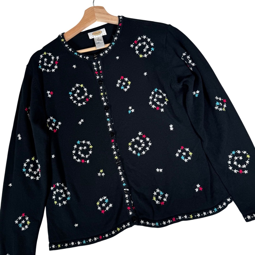 Talbots Petites Black Cotton Cardigan Sweater Embroidered Floral Womens Medium M